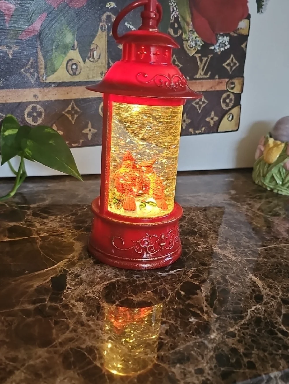 Red Cardinals Decorative Lantern Snow Globe Accent - Brand New Battery Operated